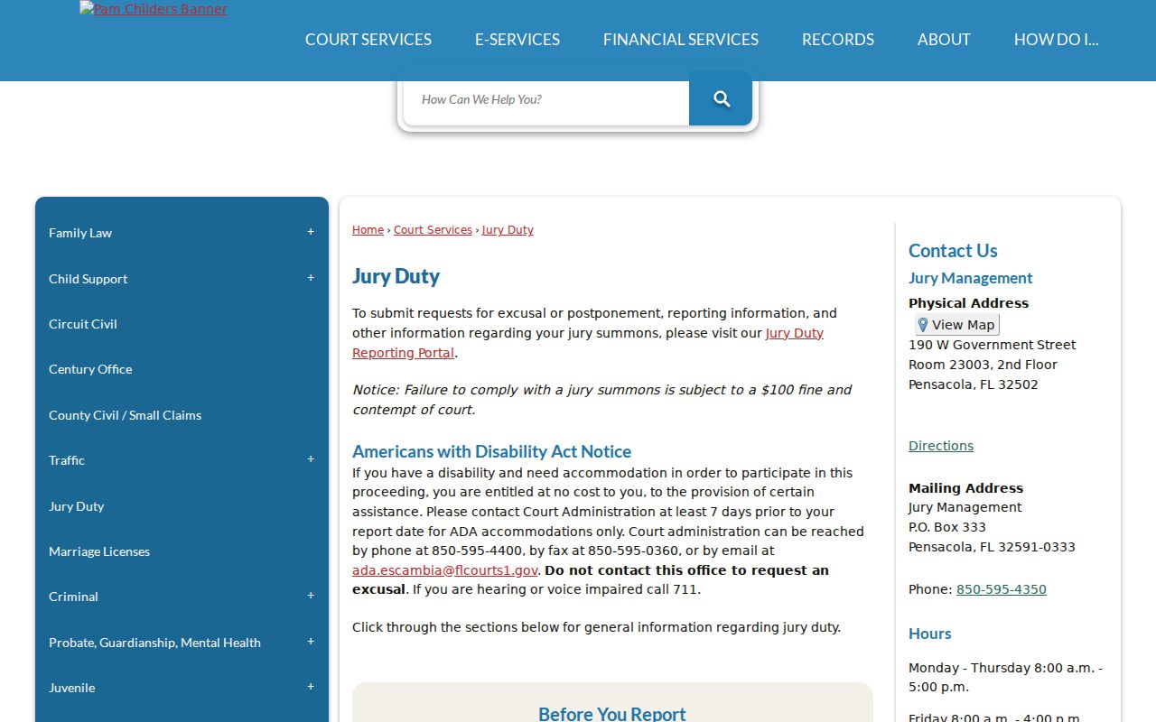 Escambia Clerk locations page showing the Century Florida service counter