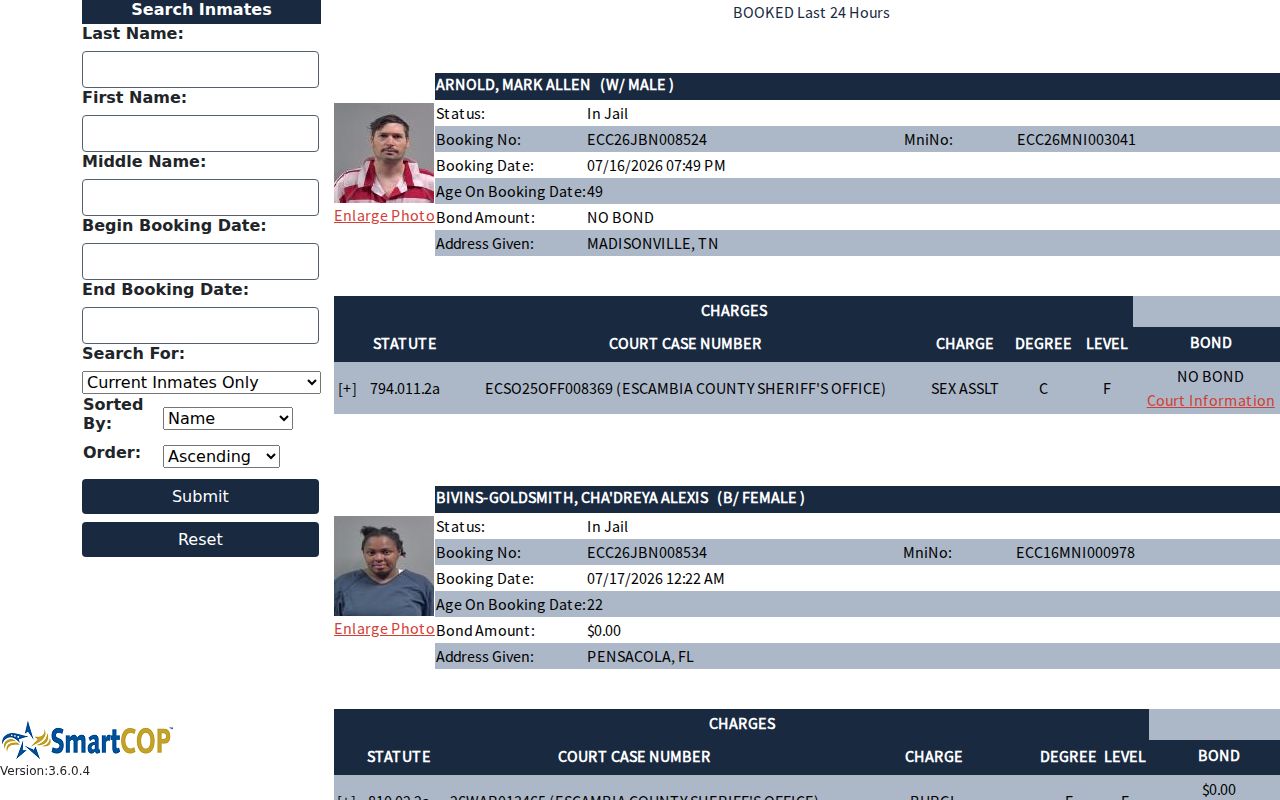 Official JAIL View for an Escambia County arrest search
