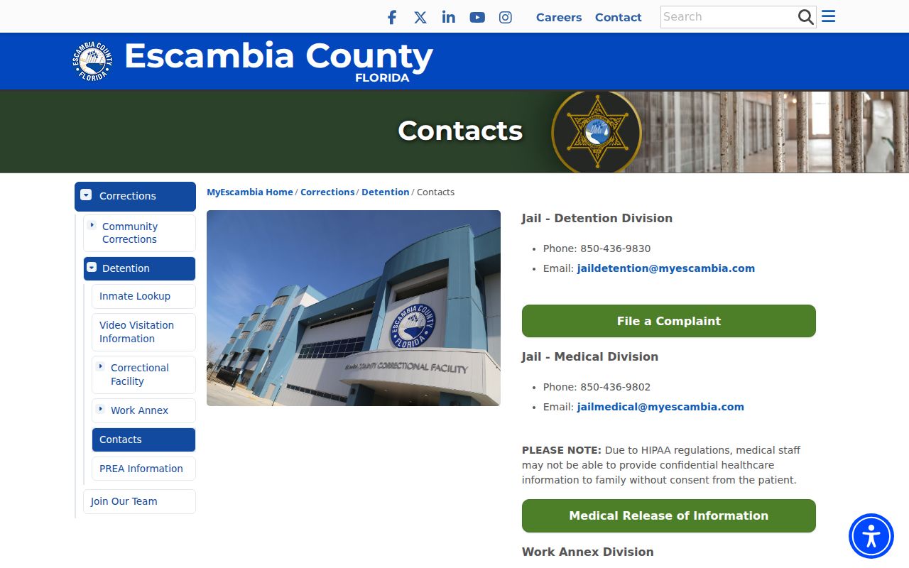 Escambia County jail contacts for arrest and booking records