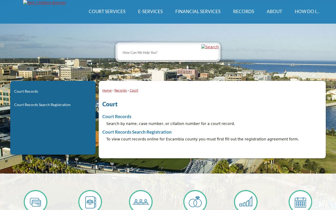 Escambia County court case lookup page from the Clerk