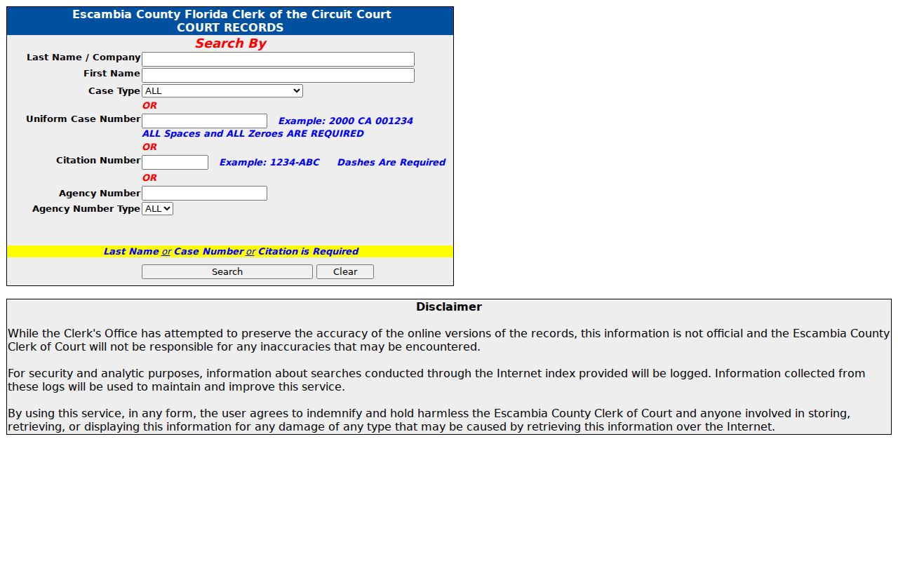 Escambia Clerk CourtView criminal case search