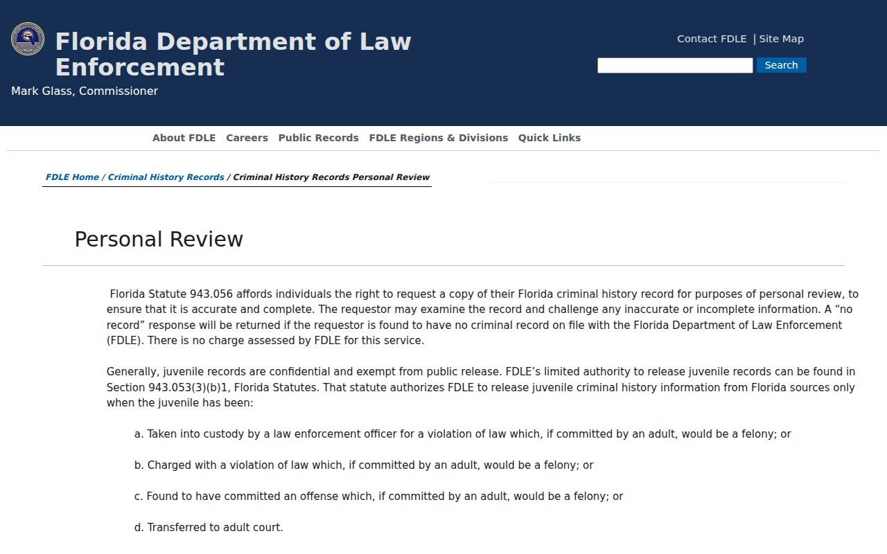 FDLE fingerprint personal record review instructions